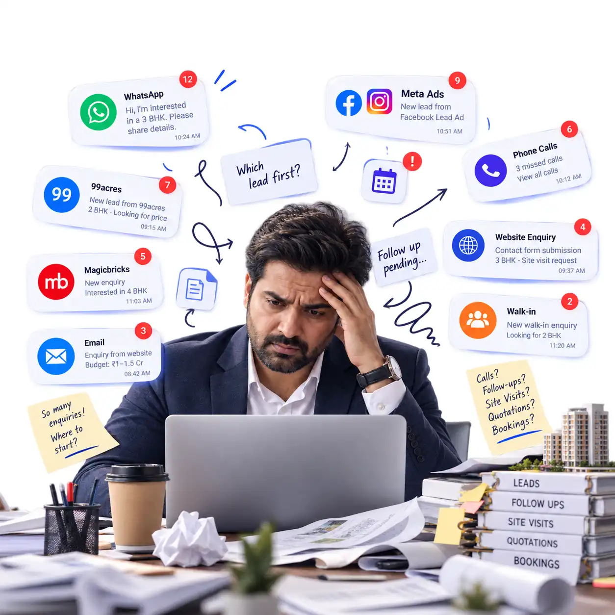 A real estate sales rep overwhelmed by leads scattered across WhatsApp, portal emails, calls and spreadsheets